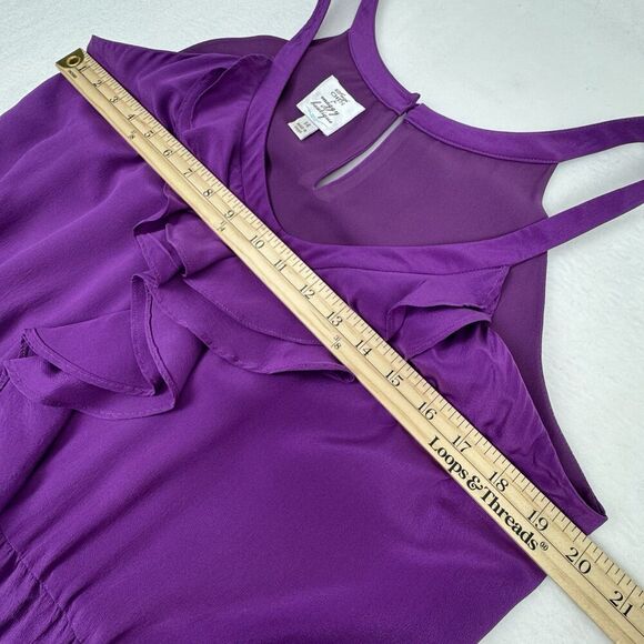 Suzie Chin For Maggy Boutique Women Silk Dress Sz 14 Purple Ruffle Racerback - Picture 11 of 15